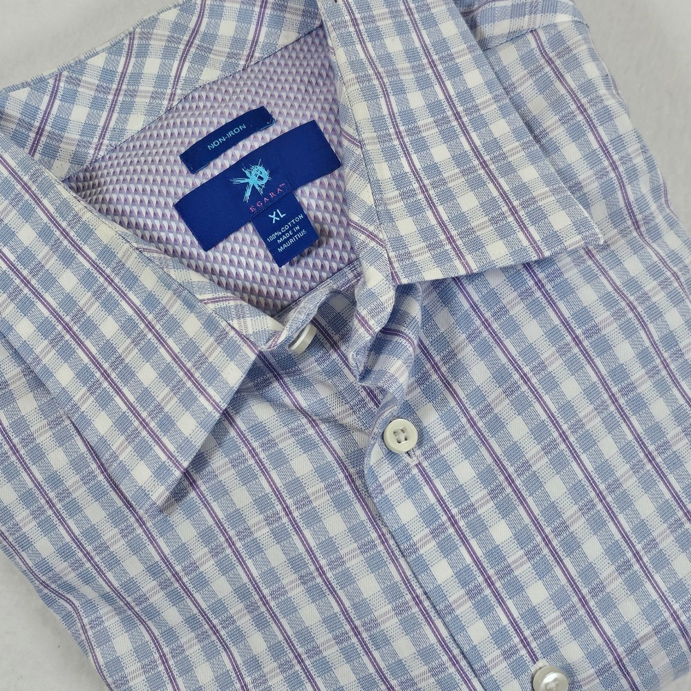 Egara Mens XL Blue Purple Plaid Non-Iron Cotton Long Sleeve Button Down Shirt - Picture 12 of 12